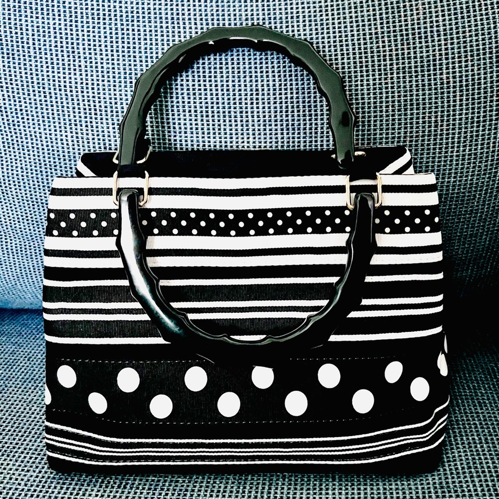 Black & White Stripes & Dots Grosgrain Satchel Handbag - NWOT